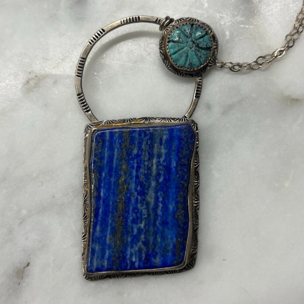 Spectacular Lapis Lazuli Turquoise Sterling Sliver Pendant Necklace + Chain 925